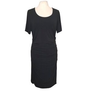 Lysse Black Stretch Ruched Bodycon Jersey Scoop Neck Short Sleeve Midi Dress L